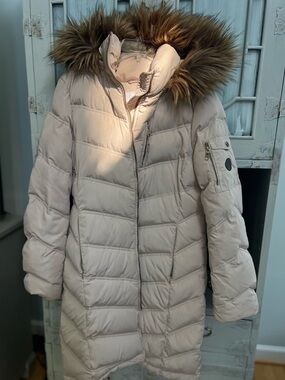 Calvin Klein Beige Long Puffer Coat with Faux Fur Hood